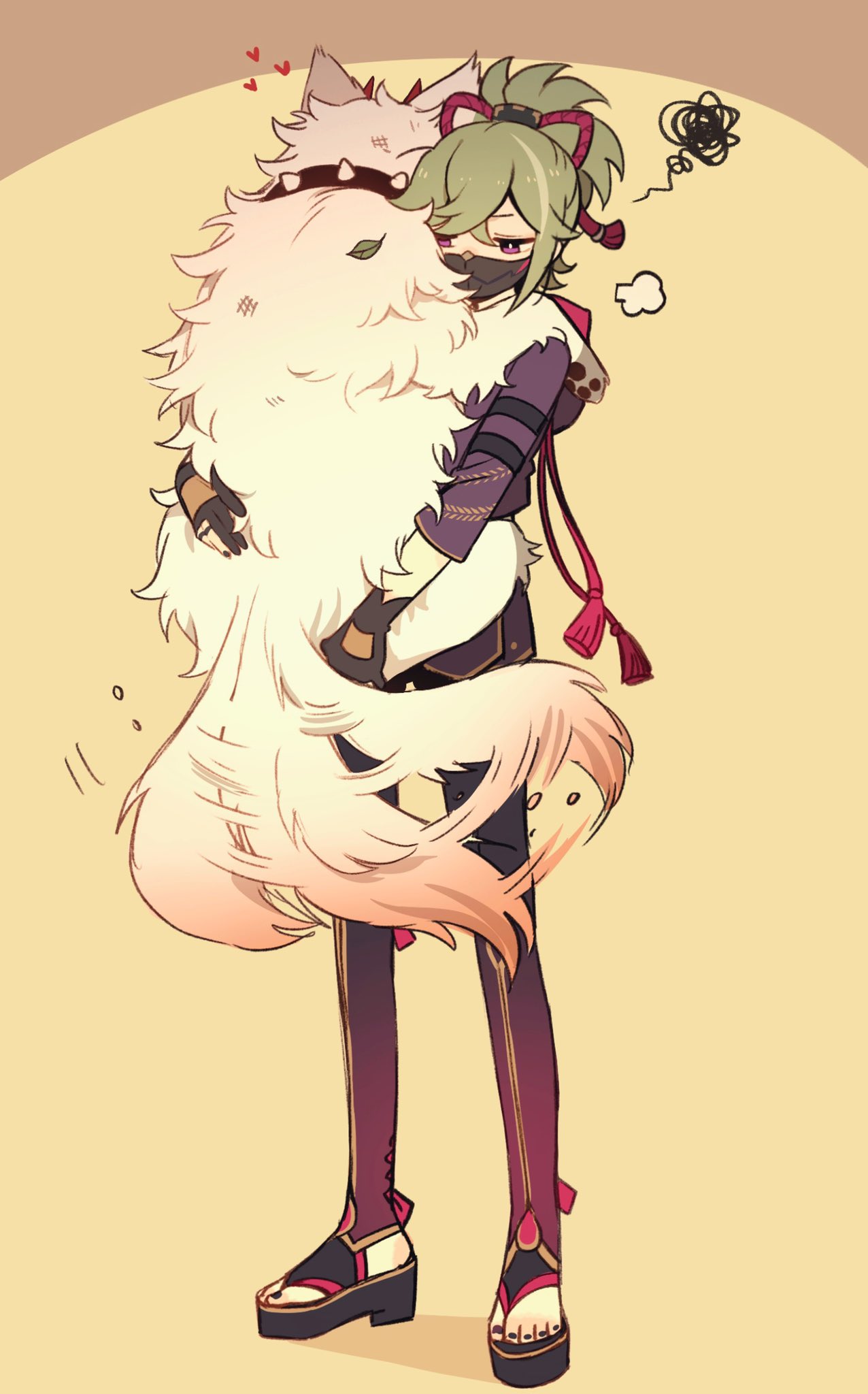 1girl, =3, animal, animalization, arataki_itto, black_gloves, black_mask, carrying, collar, dog, genshin_impact, gloves, green_hair, hair_between_eyes, heart, highres, japanese_clothes, jewelry, kackaorz1, kuki_shinobu, leaf, mask, mouth_mask, multiple_rings, ninja_mask, partially_fingerless_gloves, ring, simple_background, spiked_collar, spikes, squiggle, standing, tail, tail_wagging, tassel, toeless_footwear, violet_eyes