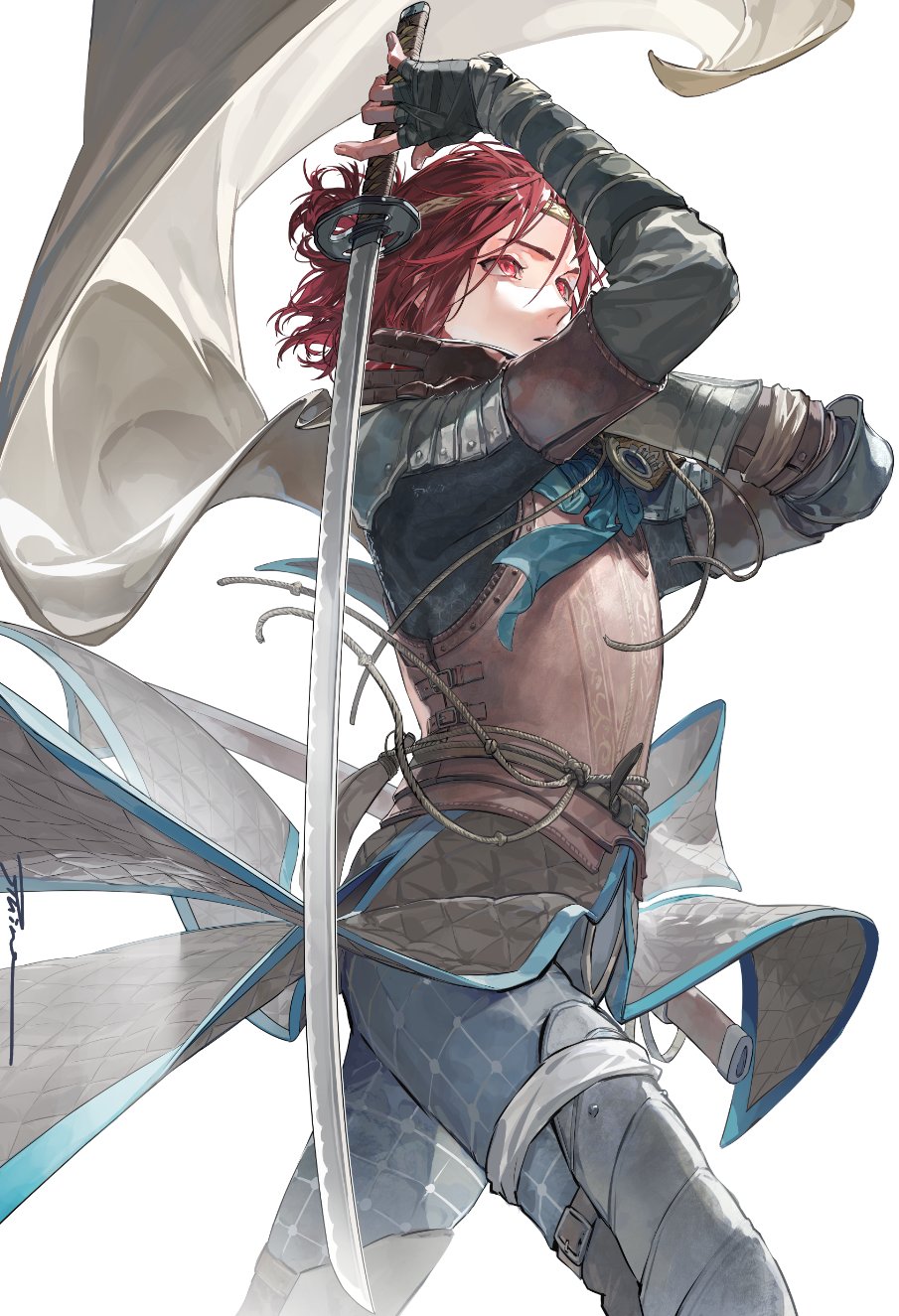 1boy, arm_up, armor, belt, brown_gloves, cape, character_request, commentary_request, cowboy_shot, crossed_arms, elden_ring, fingerless_gloves, floating_cape, forehead, gloves, hand_up, highres, holding, holding_sword, holding_weapon, katana, leg_armor, legs_apart, looking_up, male_focus, parted_lips, pointy_nose, red_eyes, redhead, rope, ruint, sheath, shoulder_armor, signature, simple_background, single_fingerless_glove, single_glove, solo, sword, tunic, v-shaped_eyebrows, weapon, white_background, white_cape