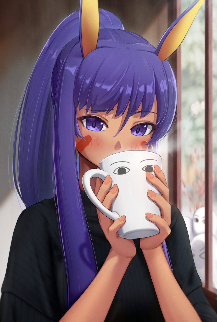 1girl, absurdres, alternate_costume, alternate_hairstyle, animal_ears, black_shirt, blush, commentary_request