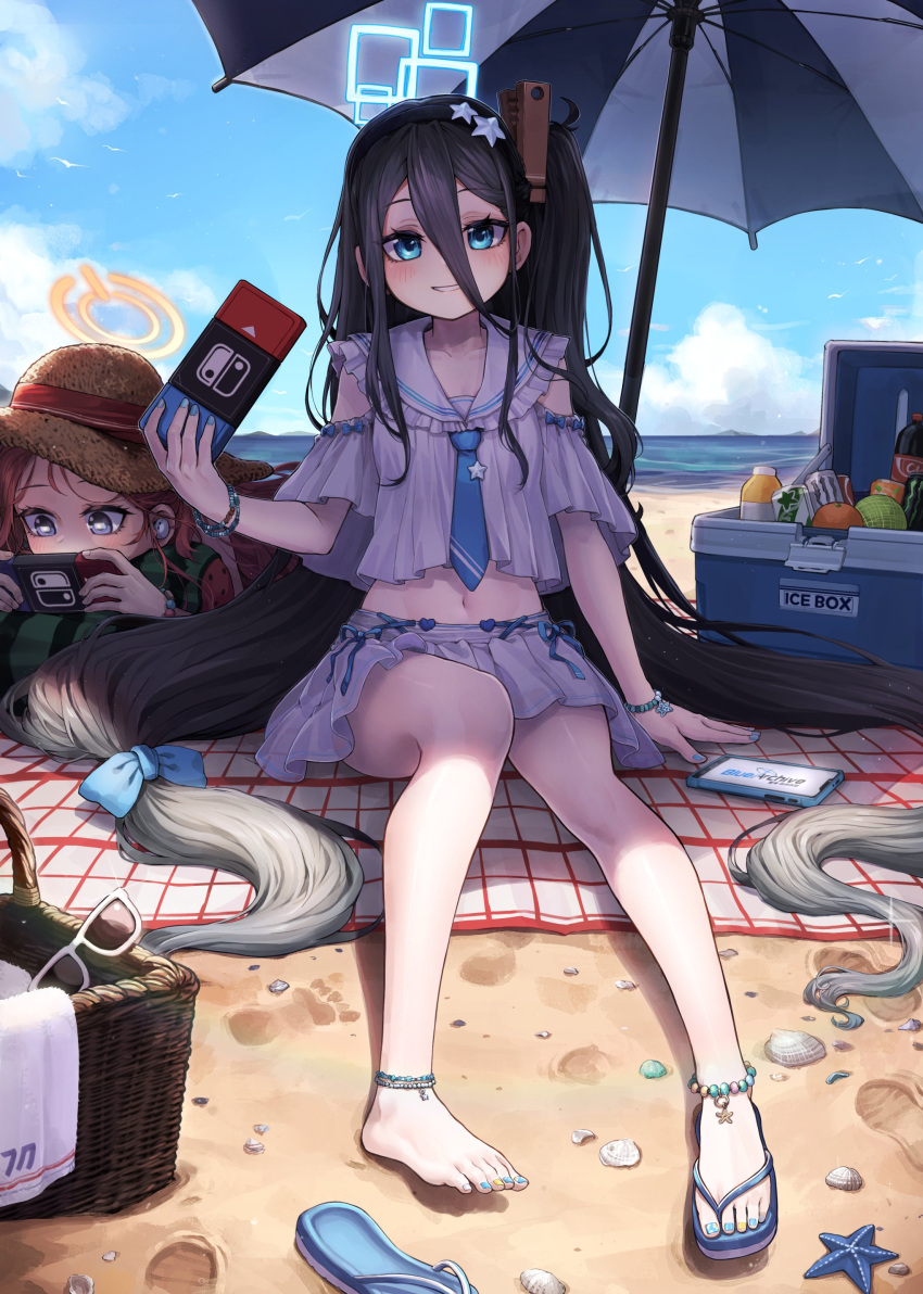 2girls, absurdly_long_hair, absurdres, adapted_costume, arisu_(blue_archive), basket, beach, black_hair