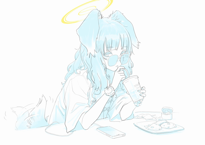 1girl, alternate_costume, animal_ears, bangs, blue_archive, blush, bracelet, casual