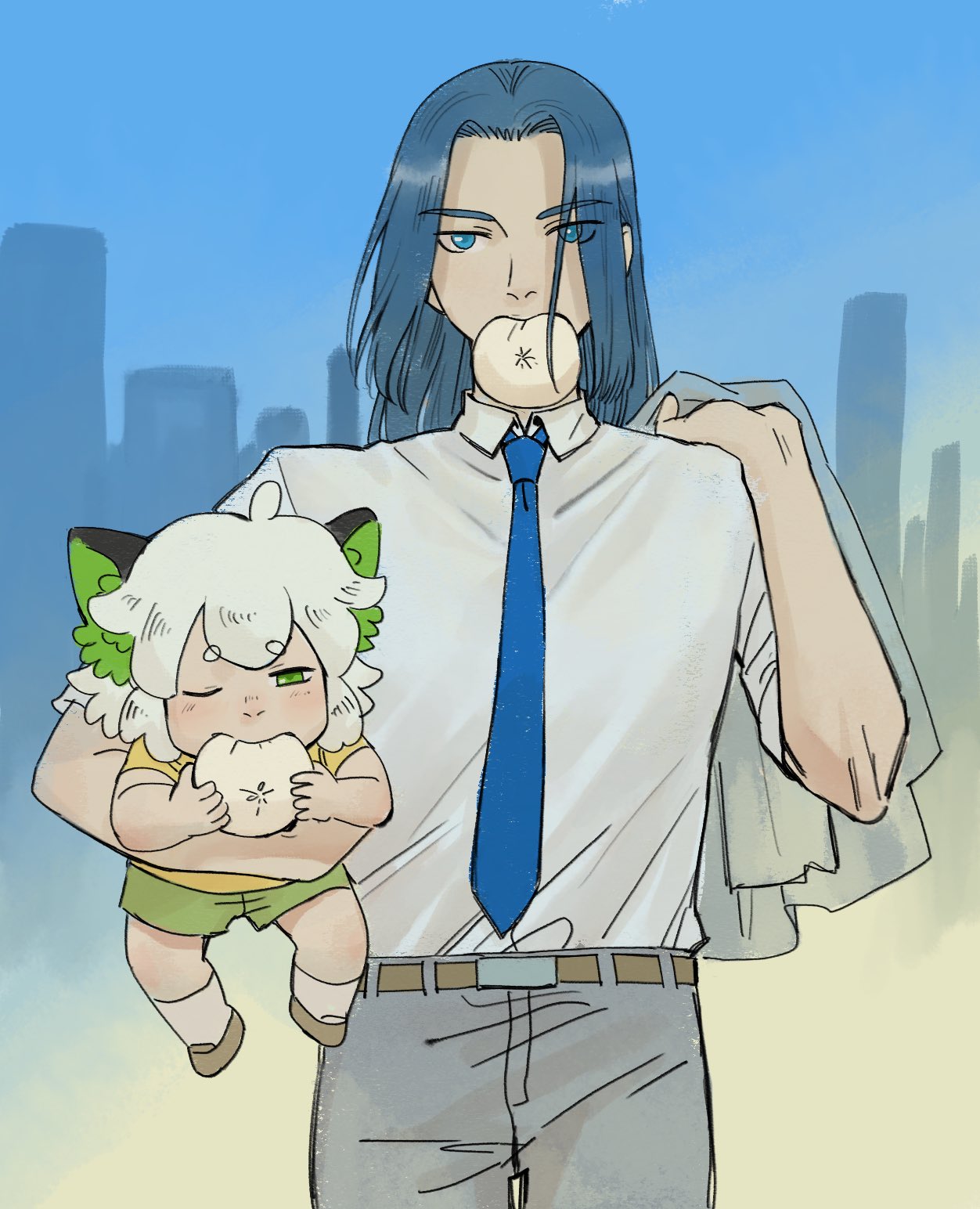 2boys, animal_ears, belt, blue_eyes, blue_hair, blue_necktie, brown_belt, carrying