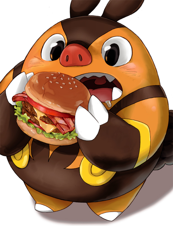 bacon, black_eyes, burger, commentary_request, eating, food, hijirino_yuuta, holding