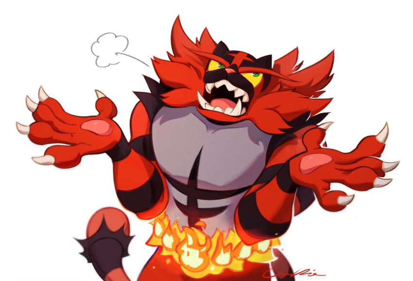 =3, claws, colored_sclera, commentary, fire, furry, green_eyes, incineroar, looking_up, open_mouth, pokemon, pokemon_(creature), signature, solo, teeth, third_cookie, tongue, white_background, yellow_sclera