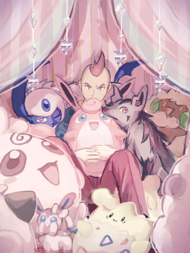 1boy, absol, carbink, character_doll, commentary_request, curtains, doll, holding