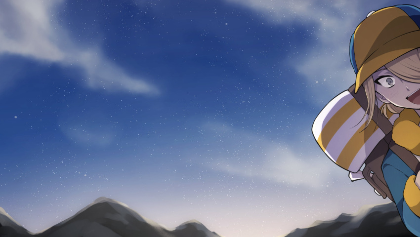 1boy, :d, backpack, bag, blonde_hair, blue_jumpsuit, brown_bag, clouds, commentary_request, excited, grey_eyes, happy, hat, highres, jumpsuit, land-k, long_sleeves, male_focus, mountain, night, open_mouth, outdoors, peeking_out, pokemon, pokemon_(game), pokemon_legends:_arceus, short_hair, sky, smile, solo, star_(sky), teeth, tongue, upper_teeth, volo_(pokemon), yellow_headwear