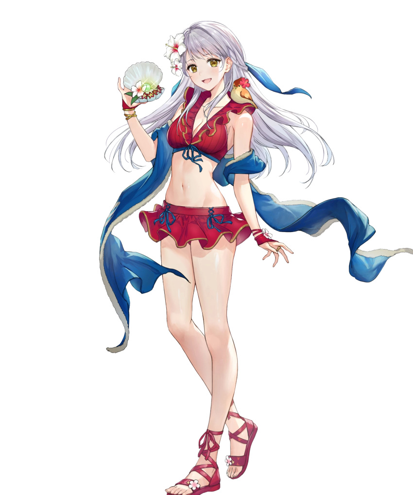 blue_towel, fire_emblem, fire_emblem:_radiant_dawn, fire_emblem_heroes, flower_ornament, holding_seashell, looking_at_viewer, micaiah_(fire_emblem)