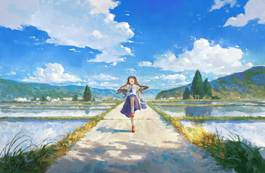 >_<, >o<, 1girl, ankle_boots, bag, blue_neckerchief, blue_skirt, blue_sky, blush, boots, brown_hair, clouds, cloudy_sky, commentary, conifer, curly_hair, day, facing_viewer, fjsmu, grass, highres, holding, holding_bag, leg_up, long_hair, mountainous_horizon, neckerchief, open_mouth, original, outdoors, red_footwear, reflection, reflective_water, rice_paddy, road, running, scenery, school_bag, shadow, shirt, skirt, sky, socks, solo, standing, standing_on_one_leg, straight-on, sunlight, torii, town, tree, water, white_legwear, white_shirt, wide_shot