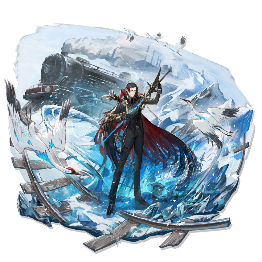 1boy, arknights, arm_up, bird, black_cape, black_footwear, black_gloves, black_hair