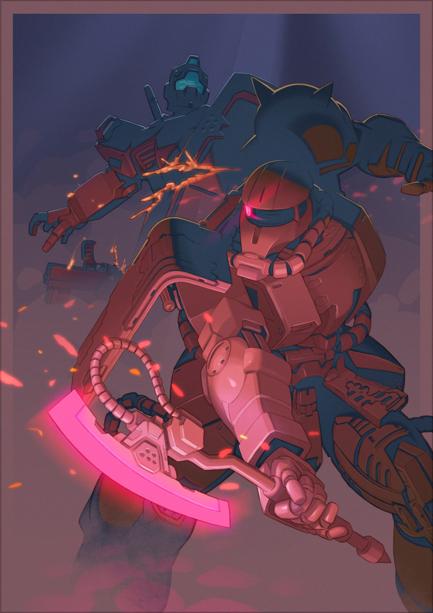 absurdres, axe, canoyan, damaged, glowing, glowing_eye, gm_(mobile_suit), gundam