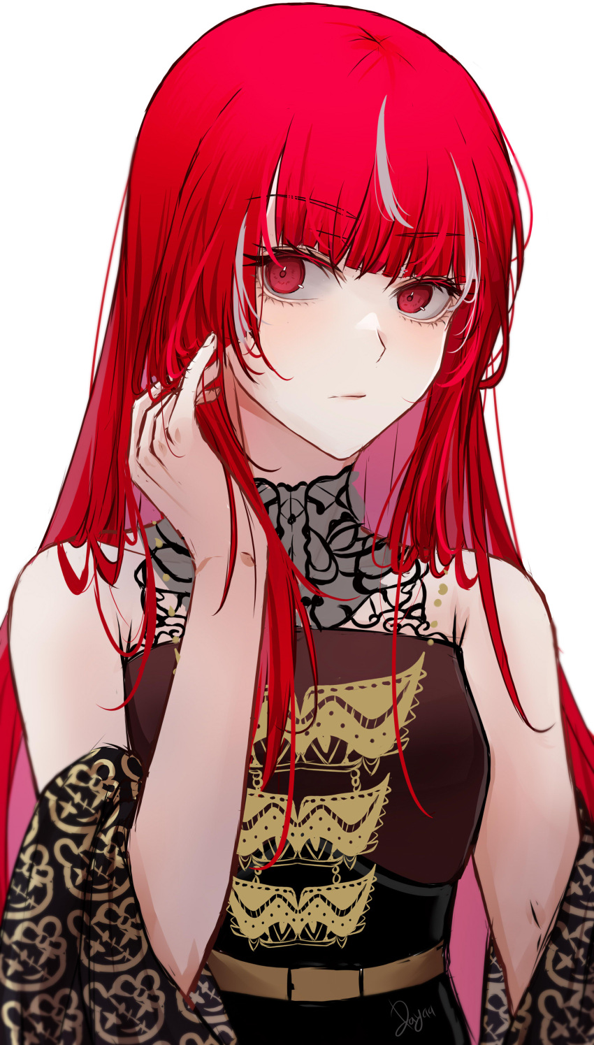 1girl, absurdres, bangs, bare_shoulders, blunt_bangs, breasts, closed_mouth, colored_inner_hair, day_(user_aasx8552), dress, eyebrows_visible_through_hair, grey_hair, hair_down, hand_in_own_hair, highres, hololive, hololive_indonesia, kureiji_ollie, long_hair, looking_at_viewer, multicolored_hair, olivia_(kureiji_ollie), pink_hair, red_eyes, redhead, simple_background, sleeveless, sleeveless_dress, small_breasts, solo, streaked_hair, upper_body, virtual_youtuber, white_background