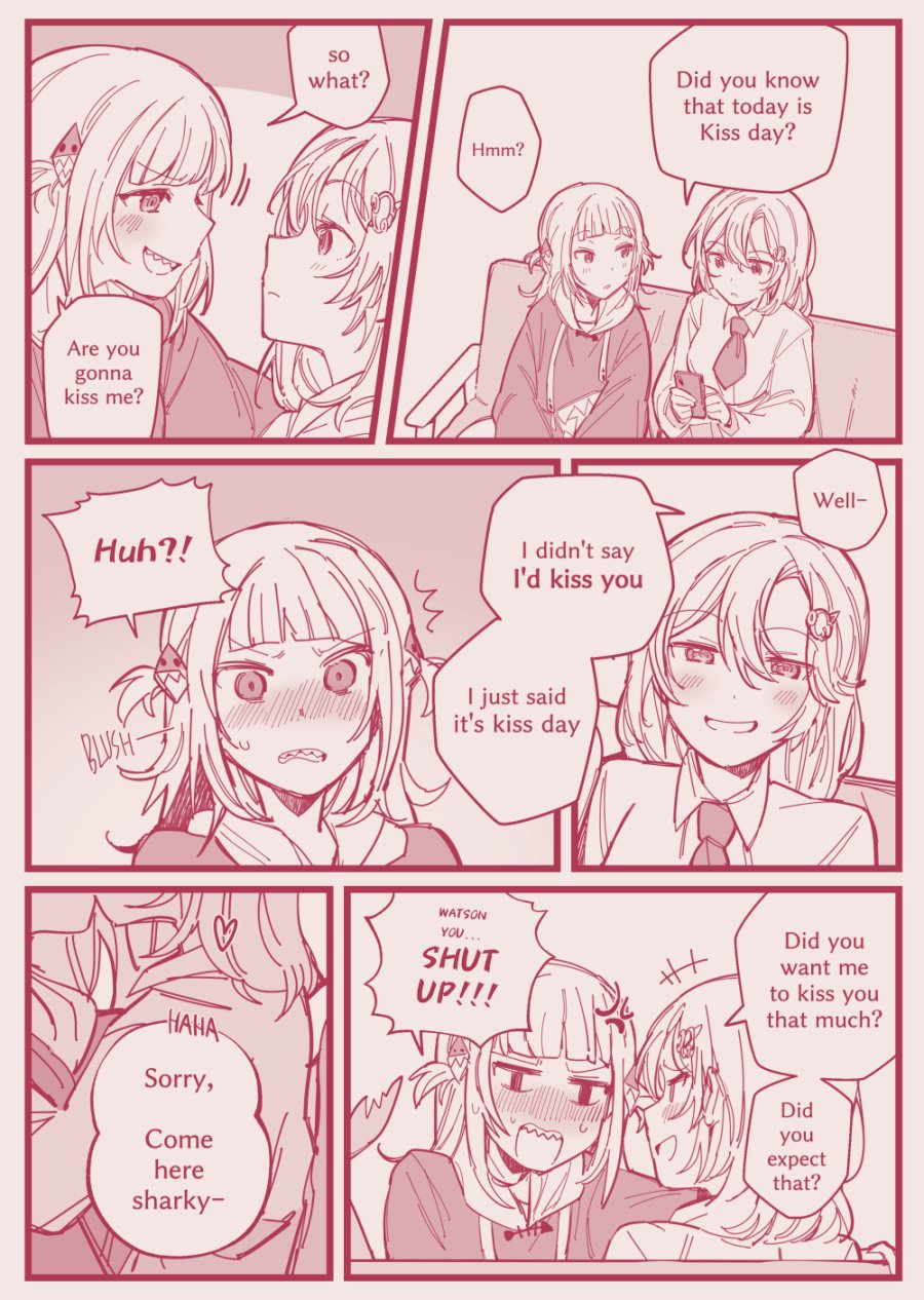 2girls, anger_vein, animal_hood, blush, closed_mouth, couch, drawstring, english_text