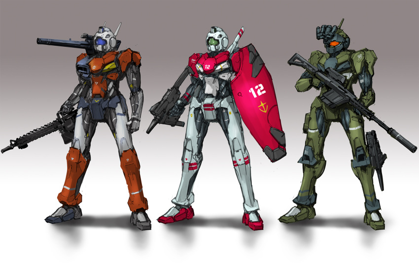 brown_background, gm_(mobile_suit), gm_cannon, gm_sniper, gun, gundam, gundam_msv, highres, holding, holding_gun, holding_shield, holding_weapon, inawata, mecha, mobile_suit, mobile_suit_gundam, no_humans, redesign, rifle, shadow, shield, shoulder_cannon, sniper_rifle, variations, visor, weapon