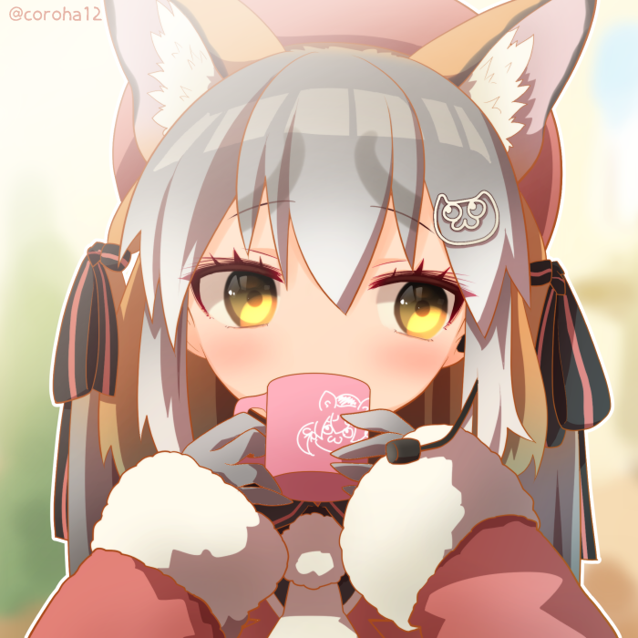 1girl, animal_costume, animal_ear_fluff, animal_ears, blazer, coroha, cup, extra_ears