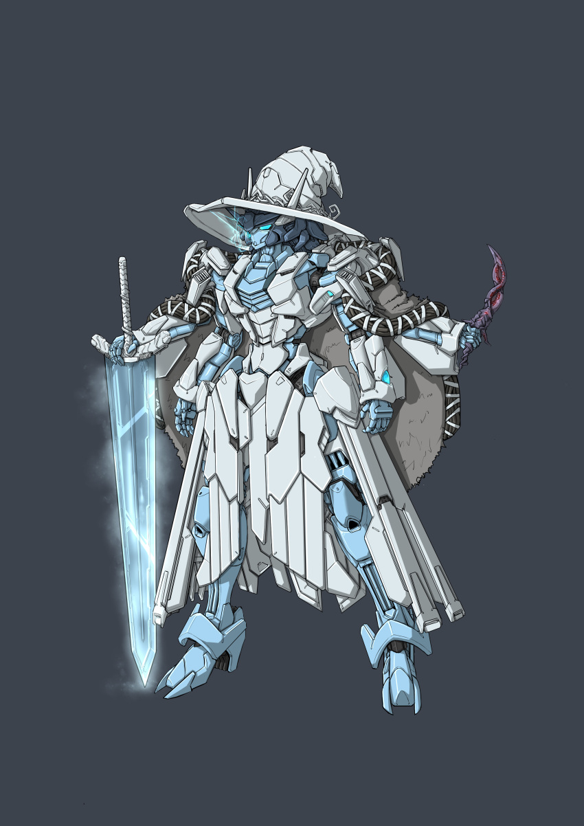 absurdres, blue_eyes, chinese_commentary, elden_ring, electricity, extra_arms, fusion, gundam