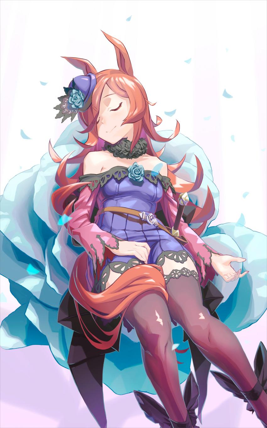 1girl, absurdres, animal_ears, black_legwear, black_scarf, blue_dress, blue_flower, breasts