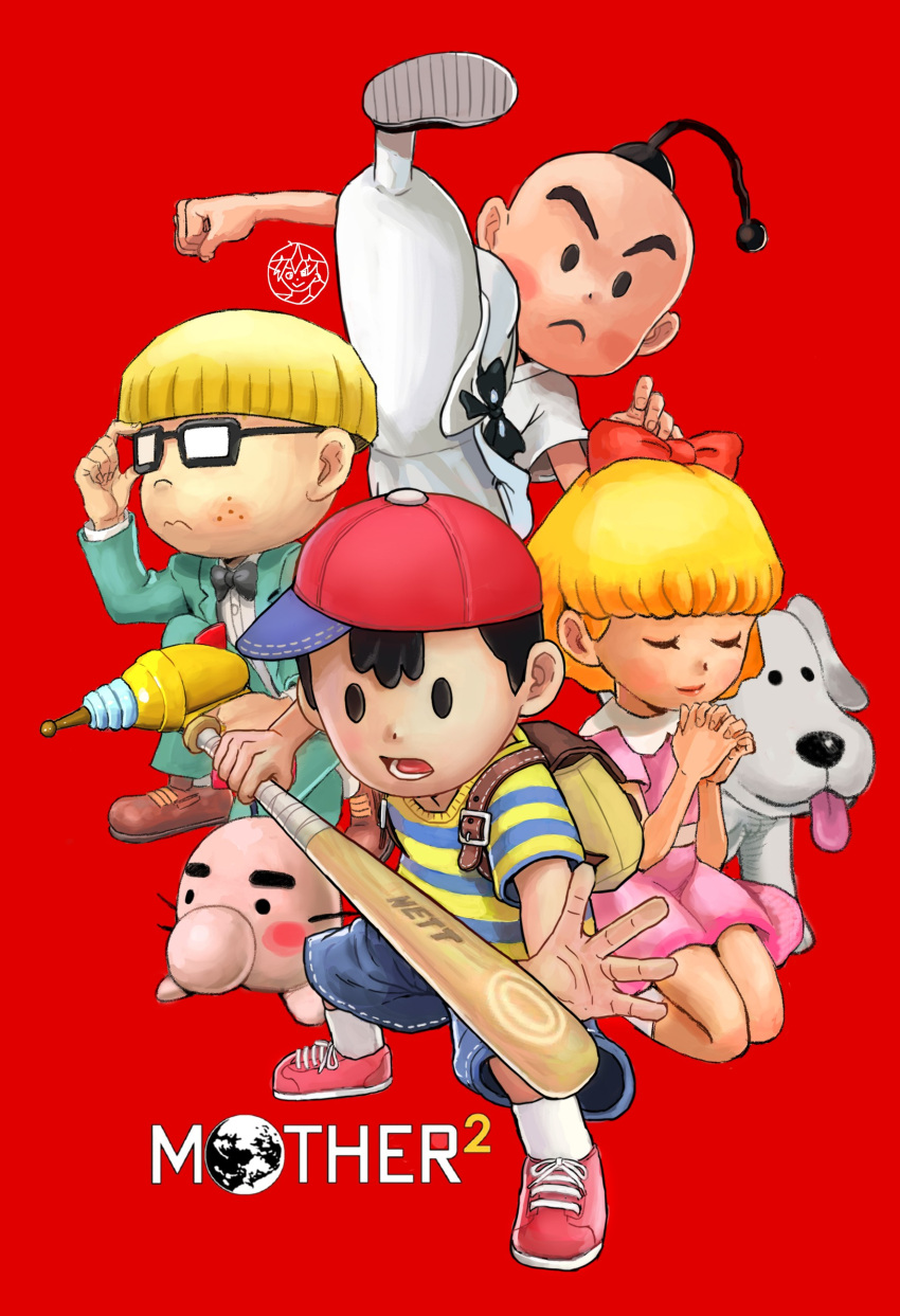 absurdres, baseball_bat, baseball_cap, black_hair, blonde_hair, bowl_cut, child, creature, dog, doseisan, dougi, dress, formal, glasses, gun, hat, highres, jeff_andonuts, karate_gi, king_(mother_2), mother_(game), mother_2, ness_(mother_2), paula_(mother_2), poo_(mother_2), praying, ribbon, shiren_(ourboy83), shirt, socks, striped, striped_shirt, suit, weapon