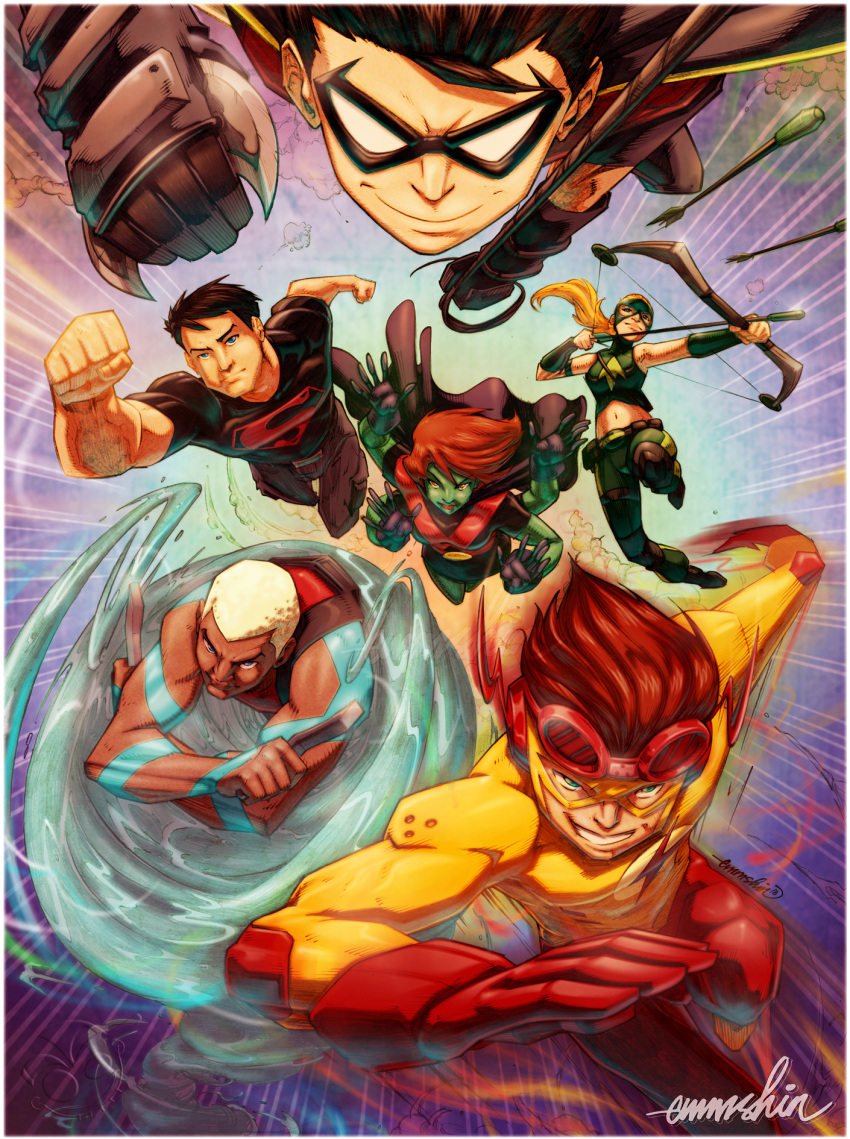 2girls, 4boys, alien, aqualad, archery, arm_tattoo, artemis_crock, blonde_hair