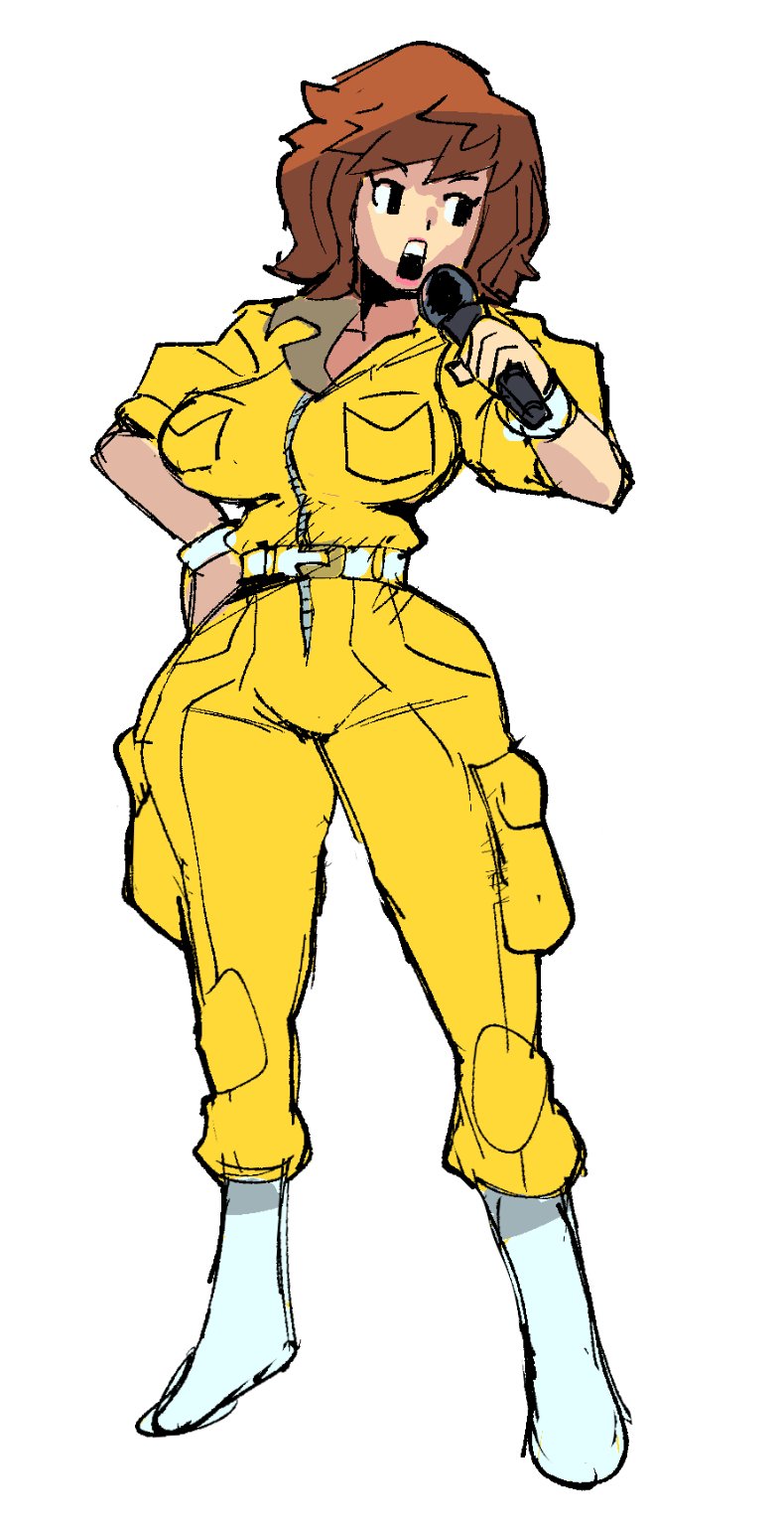 1girl, april_o'neil, bob_cut, breasts, dreaminerryday, highres, jumpsuit, large_breasts