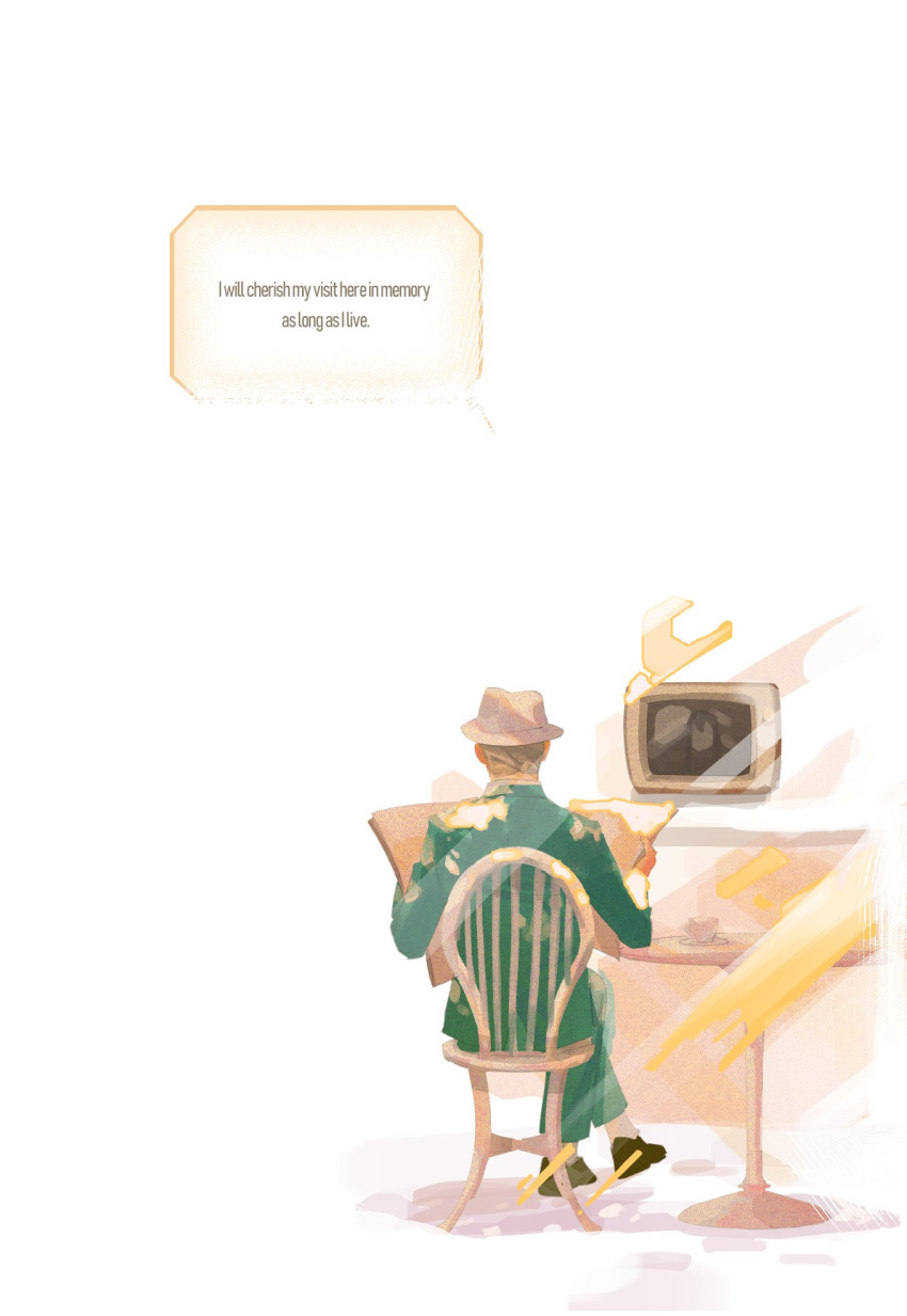 1boy, chair, crossed_legs, english_text, formal, from_behind, green_suit, hat
