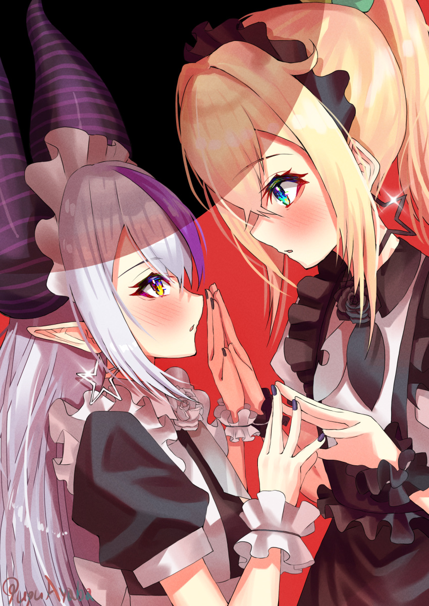 2girls, artist_name, bangs, black_nails, blonde_hair, blue_eyes, blush, commentary_request