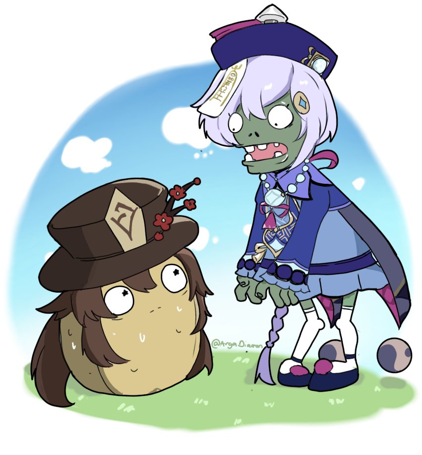 bead_necklace, beads, coin_hair_ornament, diamon_arga, flower, genshin_impact, hair_ornament, hat, hat_flower, hu_tao_(genshin_impact), jewelry, necklace, plants_vs_zombies, plum_blossoms, porkpie_hat, qing_guanmao, qiqi_(genshin_impact), talisman, thigh-highs, twitter_username, wall-nut_(plants_vs_zombies), white_legwear, zombie, zombie_(plants_vs_zombies)