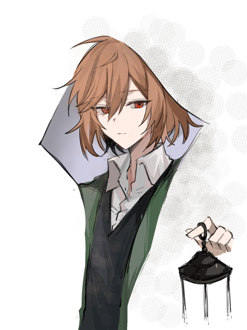 1boy, black_vest, chinese_commentary, closed_mouth, collared_shirt, commentary_request, expressionless, fourth_wall, green_jacket, harada_mutei, highres, holding, holding_lantern, jacket, lantern, light_brown_hair, male_focus, nyyyyyyyyyy, open_clothes, open_jacket, red_eyes, saibou_shinkyoku, shirt, short_hair, solo, vest, white_shirt