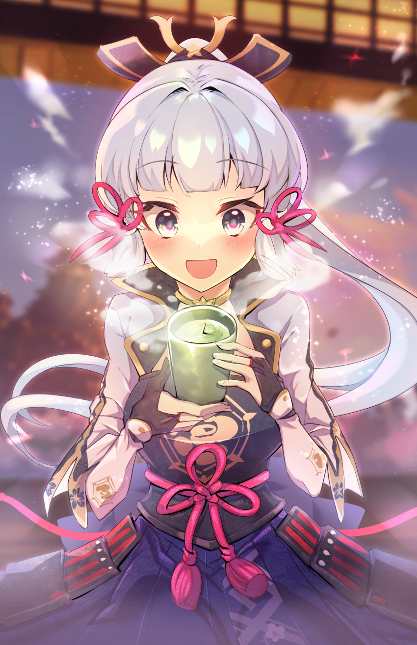 1girl, armor, bangs, black_gloves, blue_eyes, blunt_bangs, blush, breastplate, cup, dress, genshin_impact, gloves, hair_ornament, happy, highres, holding, holding_cup, kamisato_ayaka, kona_(ayaz8247), long_hair, open_mouth, ponytail, smile, solo, vambraces, white_hair