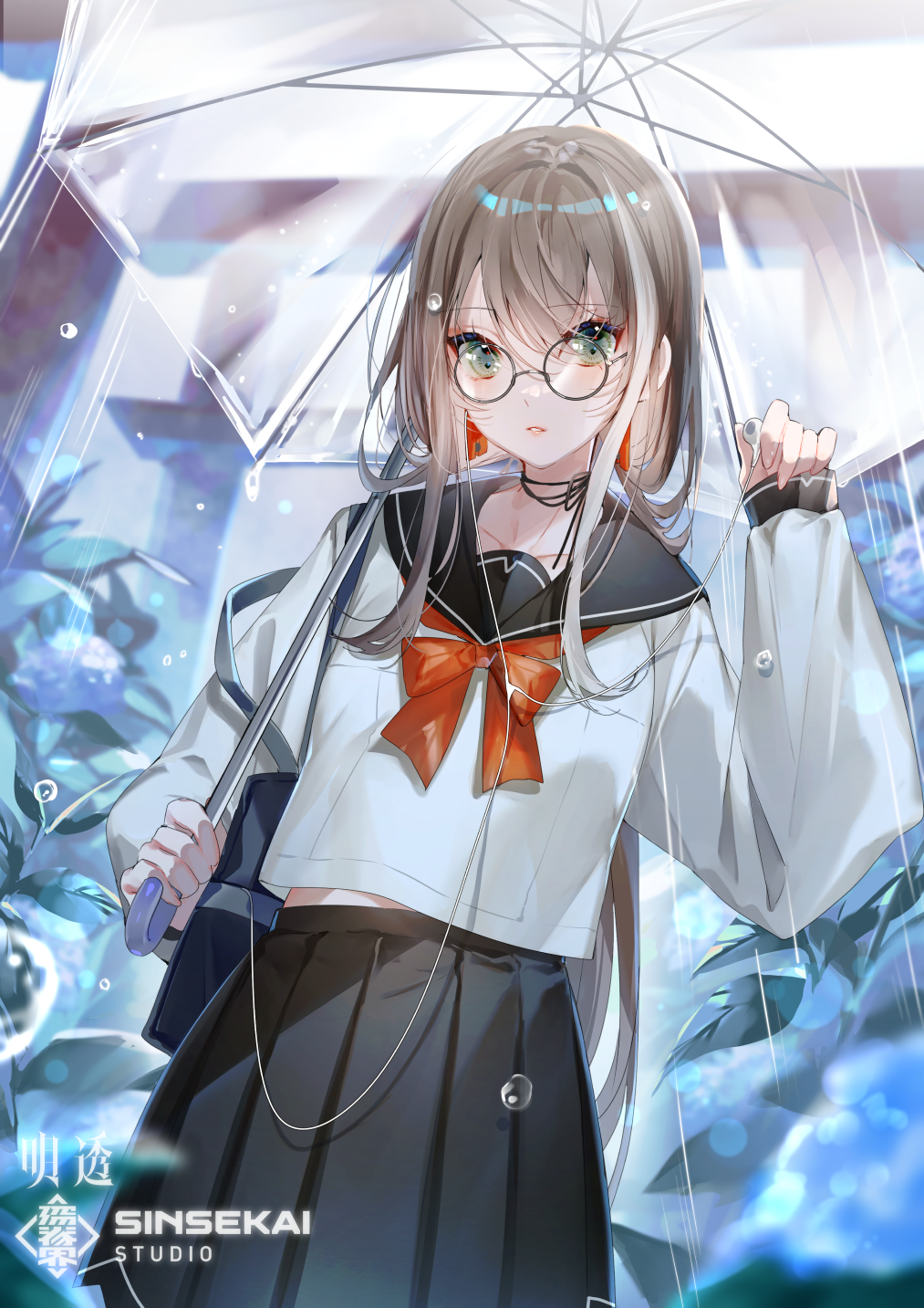 1girl, asu_(sinsekai), bangs, black_ribbon, black_sailor_collar, black_skirt, blurry, blurry_background