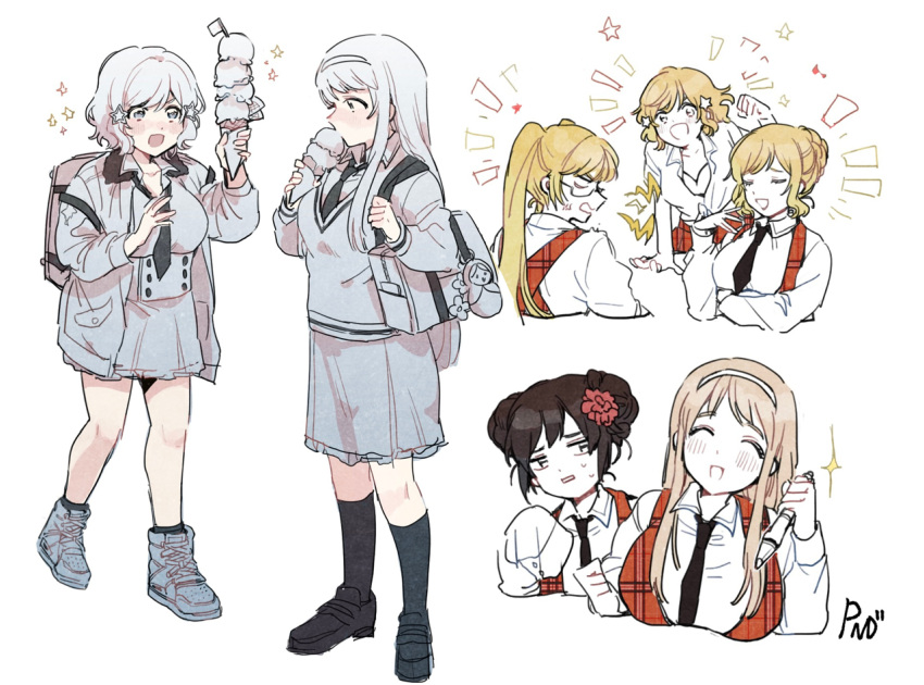 5girls, ^_^, ^o^, america_(hetalia), arm_support, axis_powers_hetalia, blank_eyes, breasts, button_up_skirt, china_(hetalia), closed_eyes, collared_shirt, curly_hair, dkdmis, double_bun, eating, flat_chest, flower, food, france_(hetalia), genderswap, genderswap_(mtf), hair_bun, hair_flower, hair_ornament, hairband, hand_on_own_chest, holding, holding_pen, ice_cream, ice_cream_cone, large_breasts, long_hair, looking_at_food, mary_janes, medium_breasts, multiple_girls, multiple_views, overall_skirt, pen, quadruple_scoop, russia_(hetalia), school_uniform, shirt, shoes, short_hair, signature, single_hair_bun, sleeves_past_fingers, sleeves_past_wrists, smile, sneakers, sparkle, sweatdrop, twintails, united_kingdom_(hetalia), worried