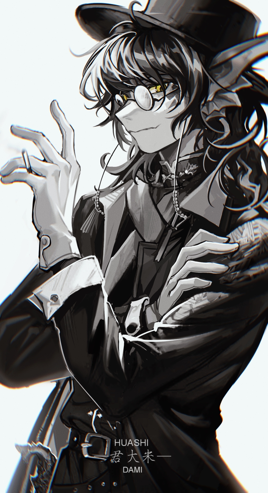 1boy, arknights, bangs, belt, belt_buckle, between_fingers, buckle, chinese_commentary