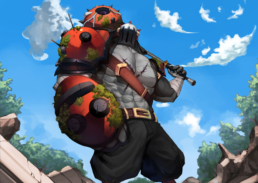 1boy, armor, bandaged_arm, bandages, belt, black_skin, blue_sky, bugita