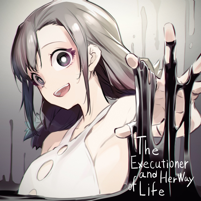 1girl, black_eyes, black_hair, black_slime, child, copyright_name, dress, english_text