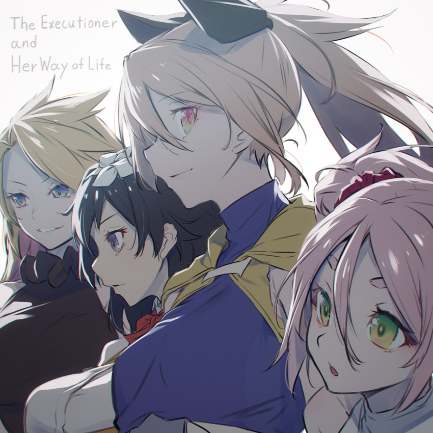 4girls, ashuna_grisarika, black_hair, blonde_hair, chestnut_mouth, copyright_name, english_text, green_eyes