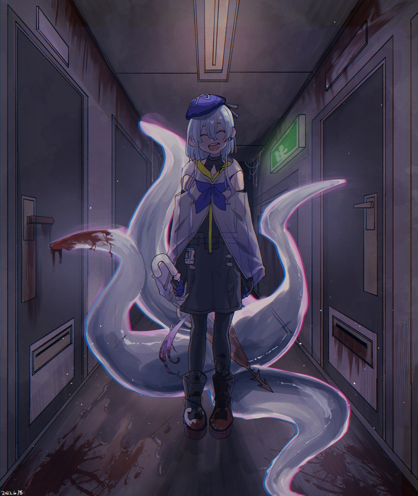 1boy, absurdres, arknights, beret, blood, blood_on_clothes, blood_splatter, blue_hair