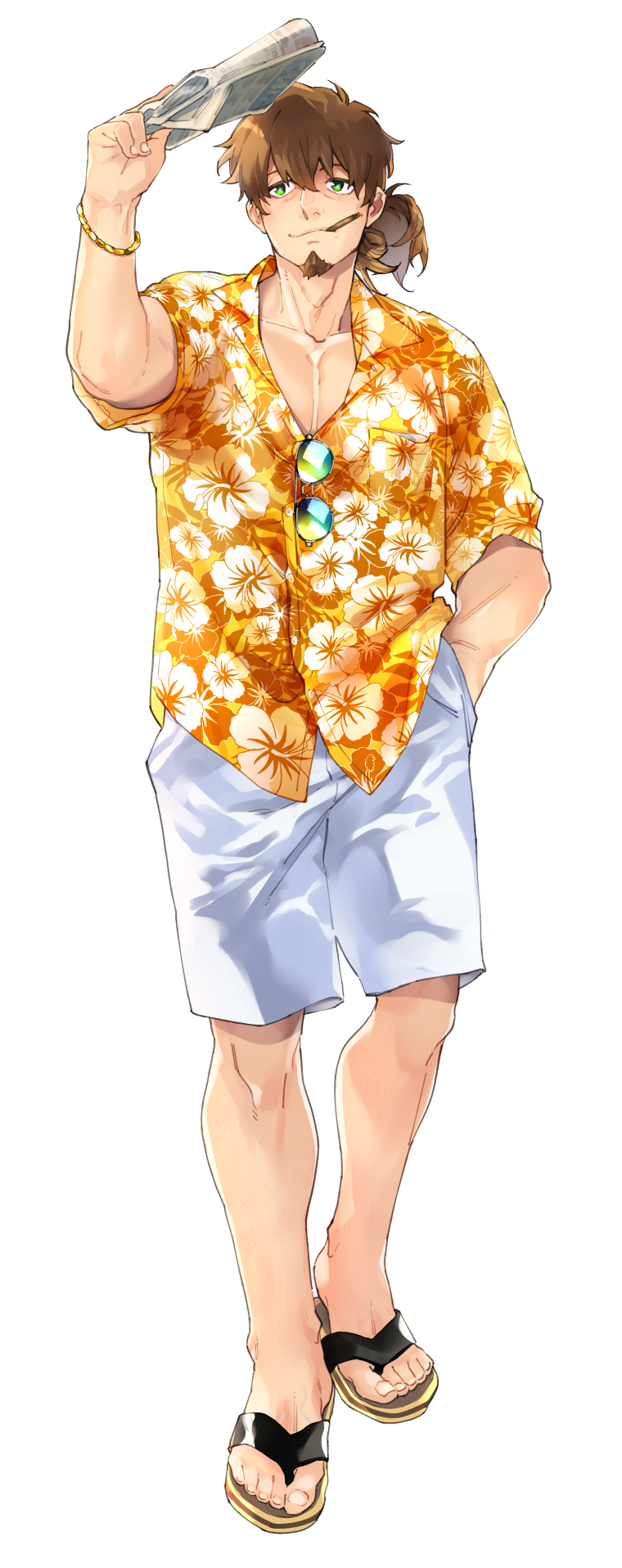 1boy, alternate_costume, bracelet, brown_hair, can, casual, cigarette, facial_hair