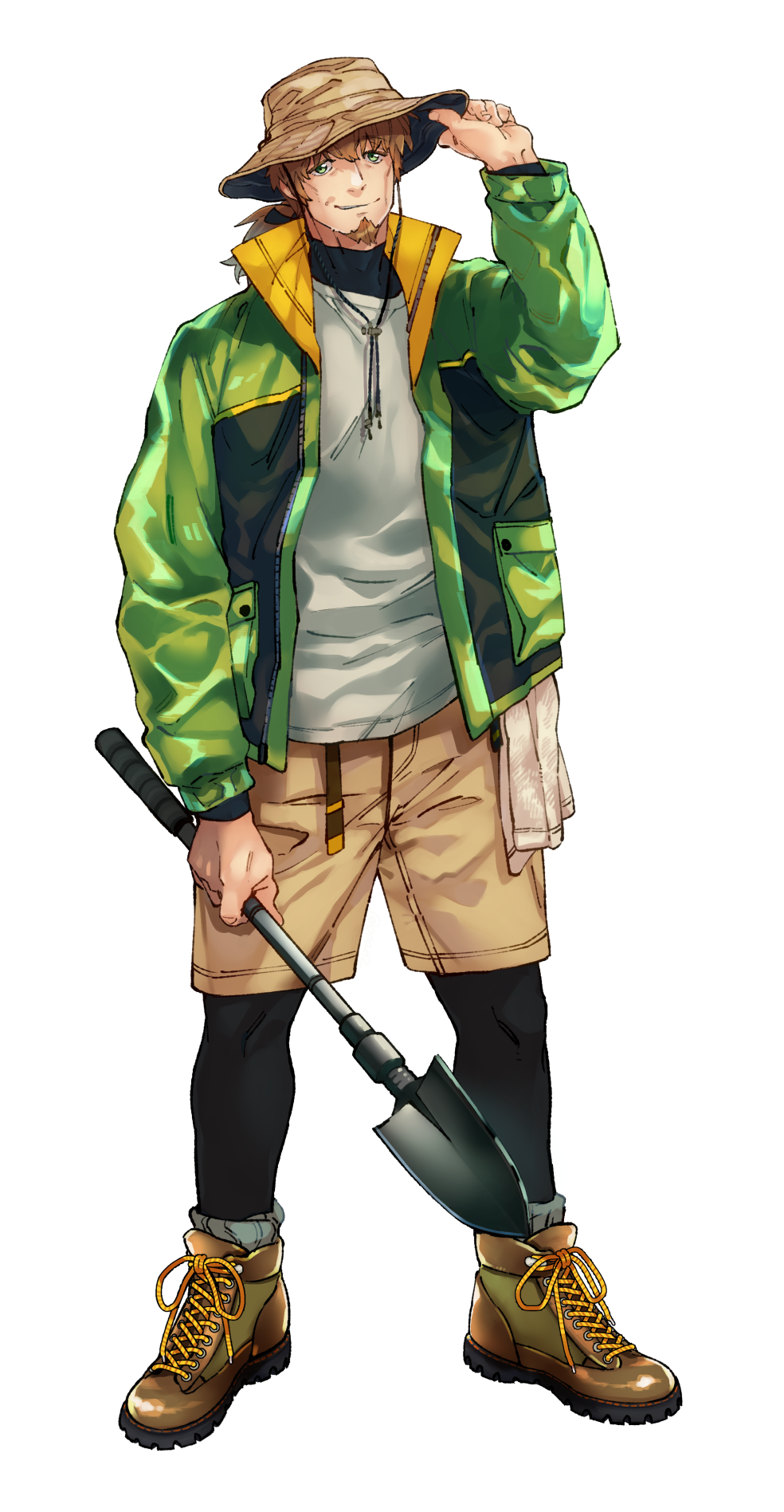 1boy, adjusting_clothes, adjusting_headwear, alternate_costume, brown_hair, brown_shorts, casual, facial_hair