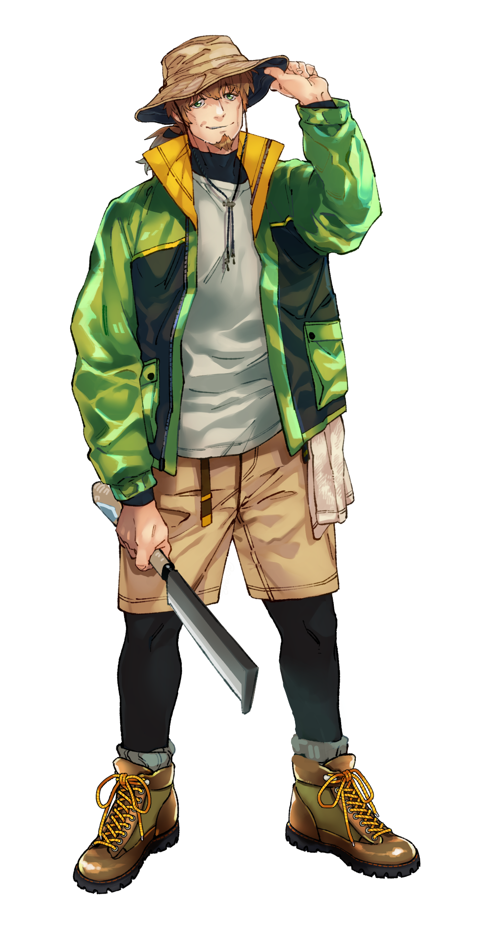 1boy, adjusting_clothes, adjusting_headwear, alternate_costume, brown_hair, brown_shorts, casual, facial_hair