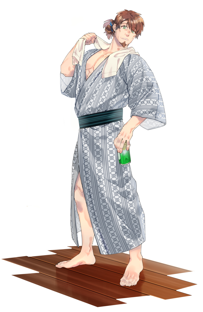 1boy, alternate_costume, brown_hair, can, casual, facial_hair, fate/grand_order, fate_(series)