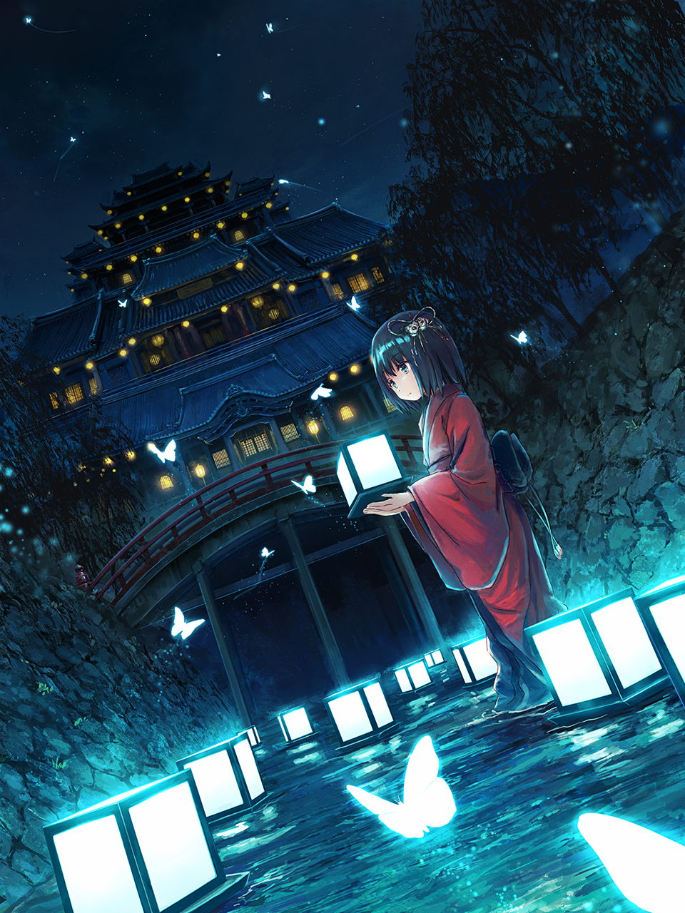 1girl, akiyama_uta, architecture, bangs, black_hair, blue_eyes, bridge, bug