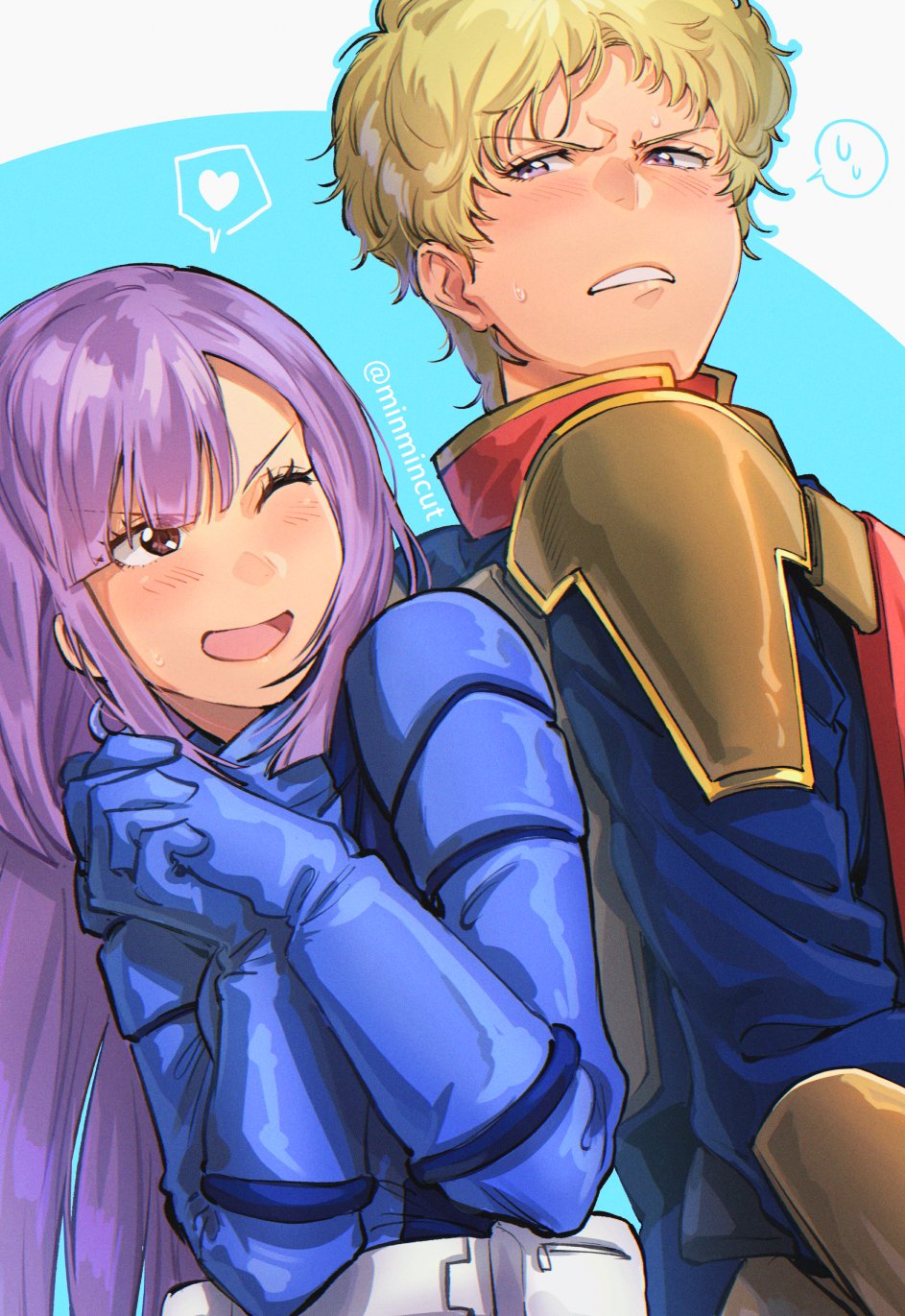 1boy, 1girl, back-to-back, blonde_hair, blue_jacket, blush, brown_eyes, chanmura