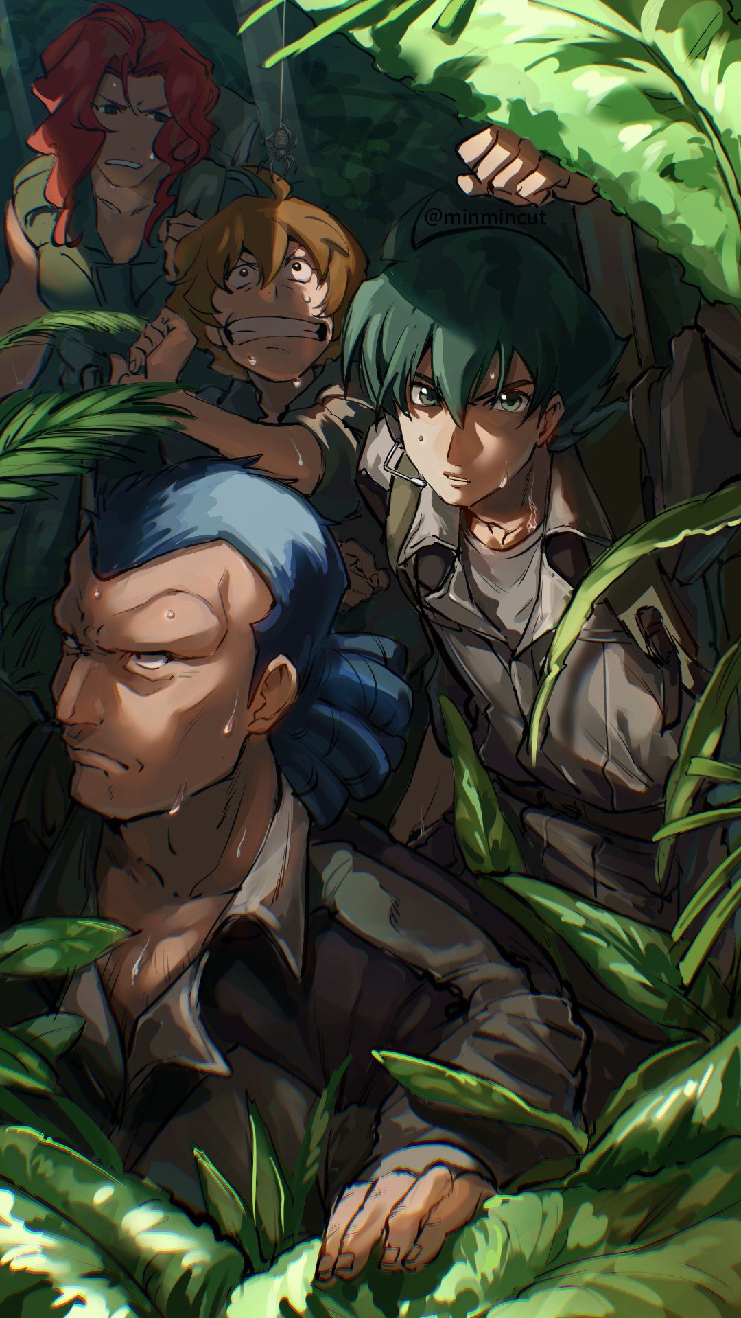 1girl, 3boys, blue_hair, brown_jacket, bug, chanmura, collarbone, dark-skinned_male, dark_skin, dreadlocks, green_eyes, green_hair, grey_shirt, gundam, gundam_08th_ms_team, highres, jacket, jungle, karen_joshua, looking_at_viewer, looking_up, male_focus, michel_ninorich, military, military_uniform, multiple_boys, nature, orange_hair, redhead, scared, shiro_amada, shirt, spider, sweat, sweating_profusely, terry_sanders_jr., uniform, v-shaped_eyebrows, water