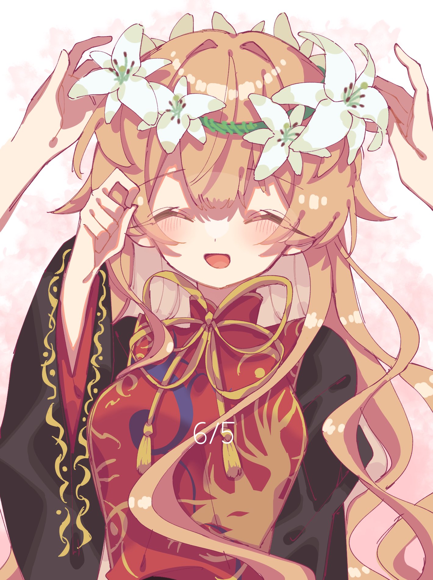 1girl, blush, closed_eyes, commentary_request, flower, highres, junko_(touhou), lily_(flower)