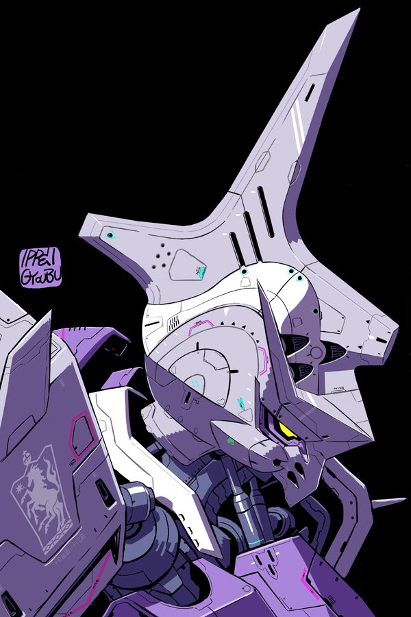artist_name, black_background, from_side, gundam, gundam_kimaris_trooper, gundam_tekketsu_no_orphans, gyoubu_ippei, looking_down