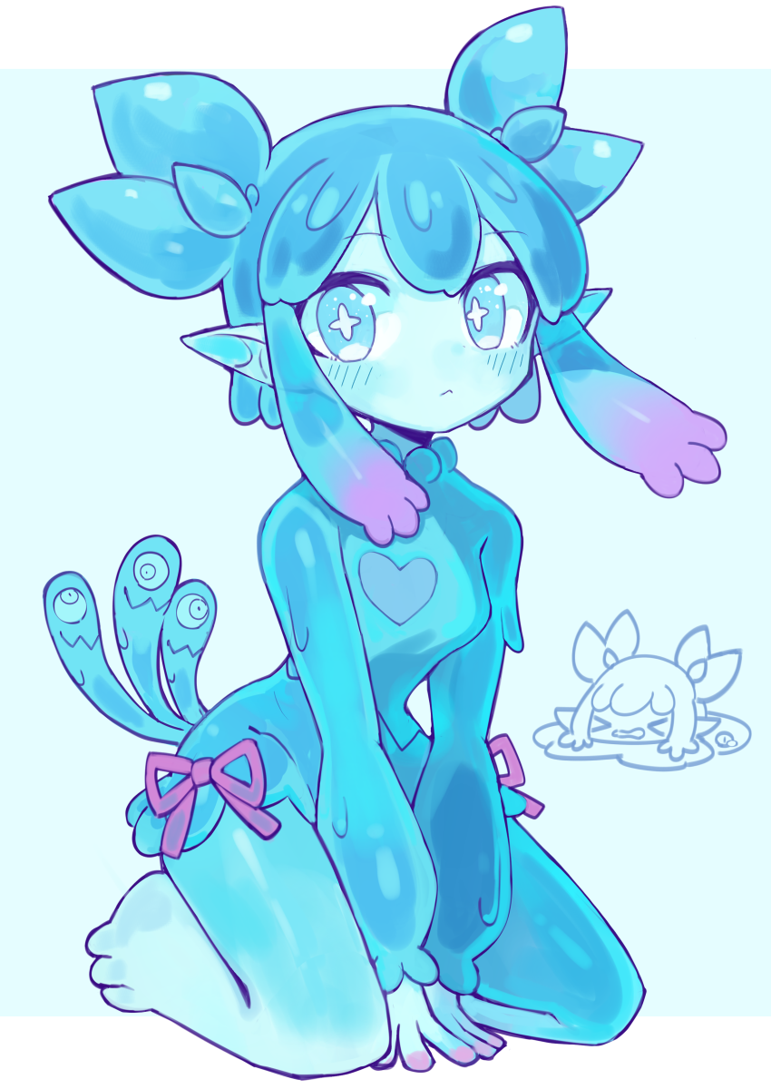 1girl, between_legs, blue_background, blue_eyes, blue_hair, blue_skin, bow, closed_mouth