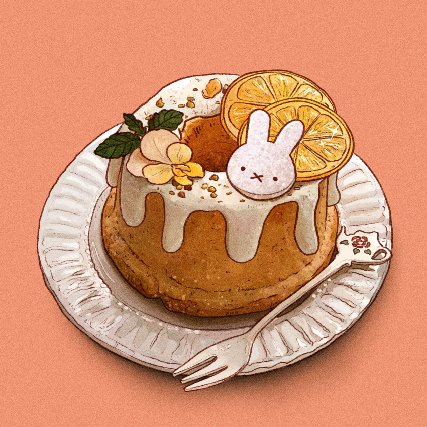 animal_print, bunny_print, cake, commentary, english_commentary, food, food_focus, fork