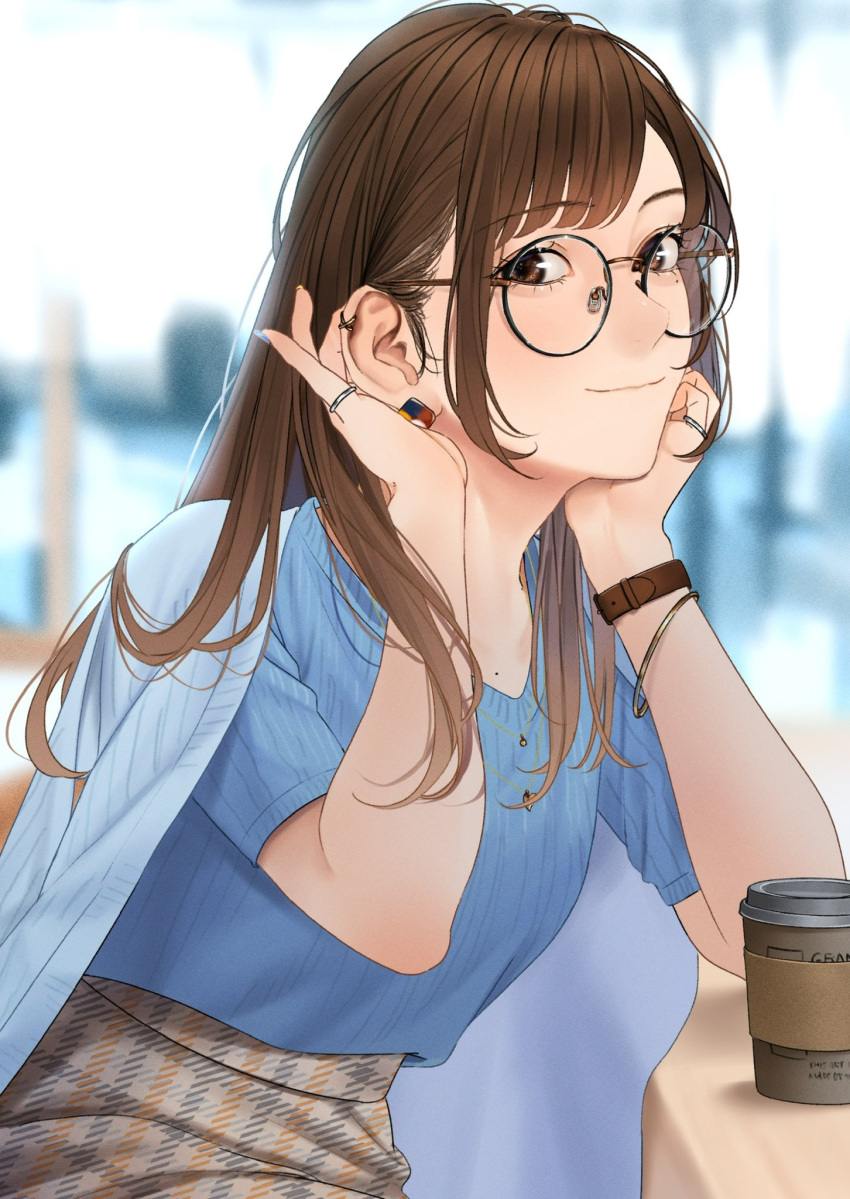1girl, black-framed_eyewear, blue_cardigan, blue_shirt, bracelet, brown_hair, cardigan, clothes_on_shoulders