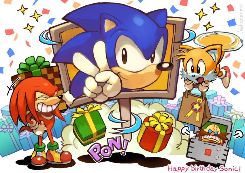 4boys, angry, animal_nose, box, dr._eggman, facial_hair, flying, gift, gift_box, glasses, gloves, happy_birthday, highres, holding, knuckles_the_echidna, laughing, multiple_boys, mustache, nekosoul, second-party_source, shoes, smile, sonic_(series), sonic_the_hedgehog, sonic_the_hedgehog_(classic), sound_effects, tails_(sonic), v, white_gloves