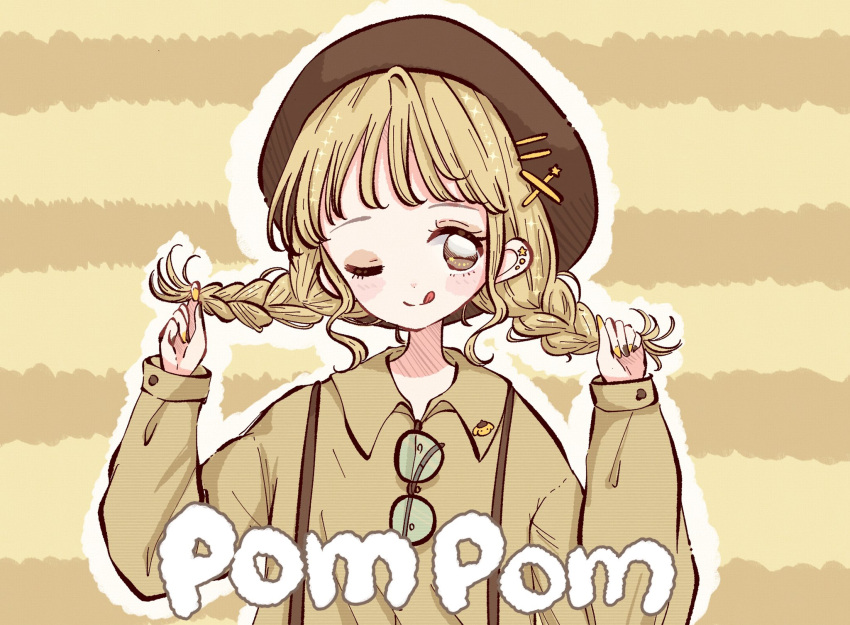 1girl, :p, ahoge, bangs, beret, blonde_hair, blush_stickers, braid, chanon, character_name, collared_shirt, earrings, eyewear_removed, facing_viewer, glasses, hands_up, hat, hat_ornament, highres, holding, holding_hair, jewelry, lapel_pin, long_hair, long_sleeves, looking_away, multiple_earrings, one_eye_closed, personification, pompompurin, sanrio, shirt, sleeves_past_wrists, solo, star_(symbol), star_earrings, suspenders, tongue, tongue_out, twin_braids, twintails