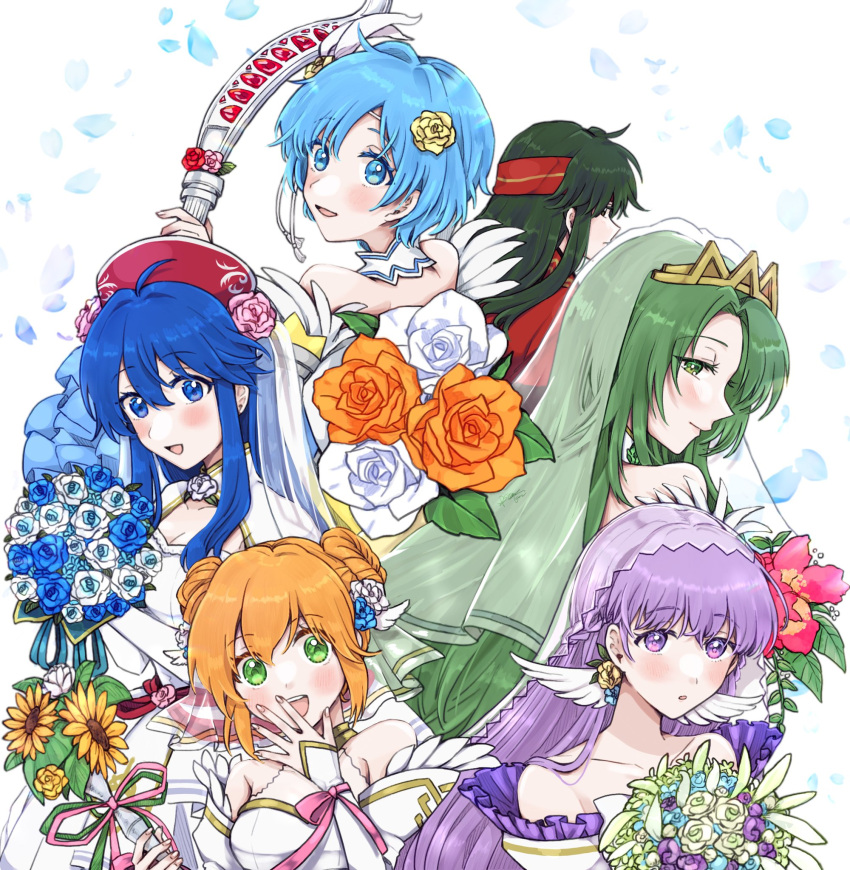 6+girls, bare_shoulders, blue_eyes, blue_hair, blush, bouquet, bow_(weapon), bridal_gauntlets